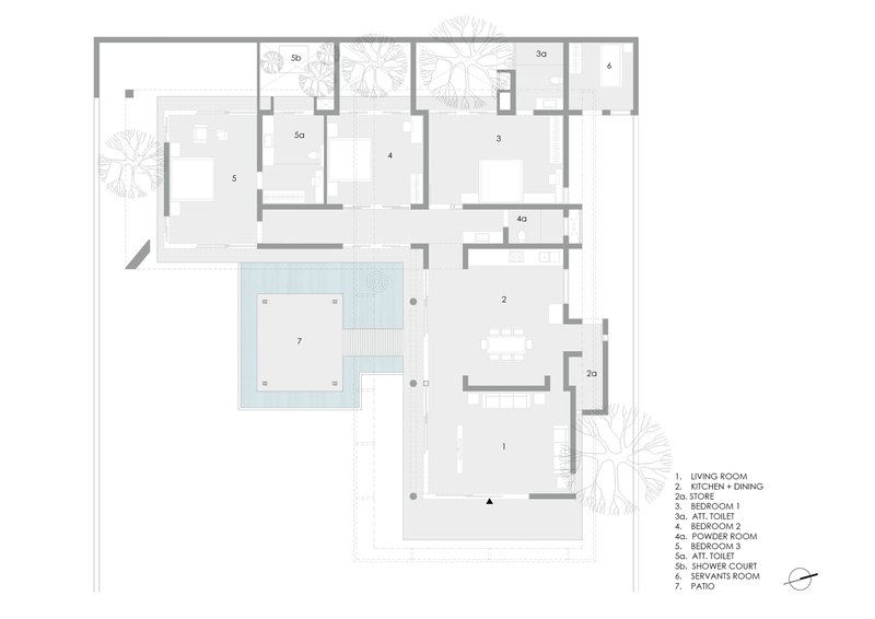 Floor plan drawing indicating living spaces organized around a patio with pool and planted courtyards