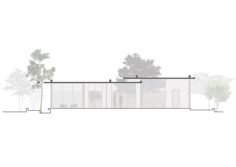 Section drawing showing the single-story structure with flat roof and figures beneath trees