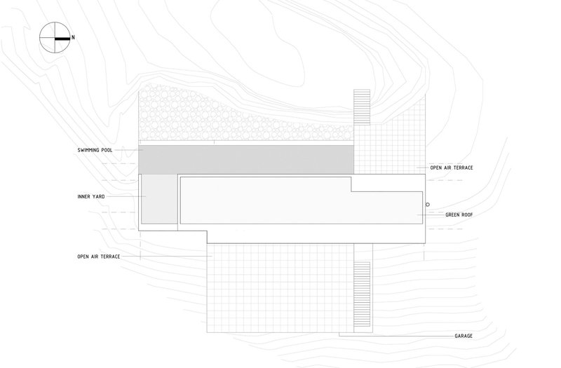 Roof plan drawing with topographic contours showing terraces, pool, green roof and garage locations