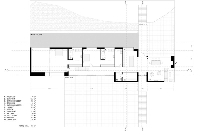 Floor plan drawing with three bedrooms, living area and terraces arranged along a linear bar
