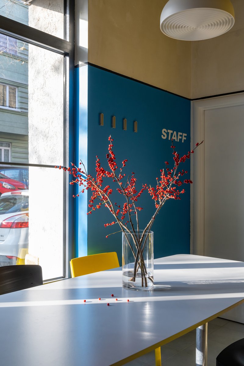 Tabletop with glass vase of red berried branches against blue wall with staff text and sunlight streaming in