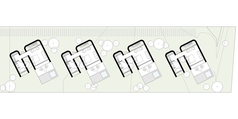 Site plan drawing showing four rectangular units arranged in a row with landscaped surroundings