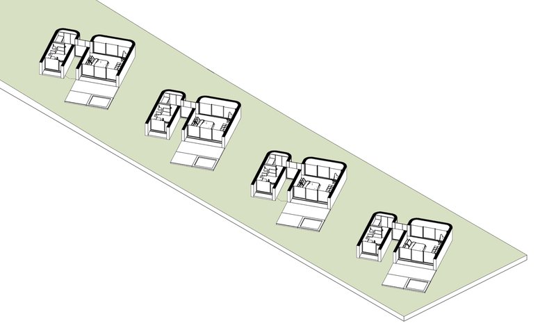 Axonometric drawing of four paired residential units aligned diagonally on a sloped site