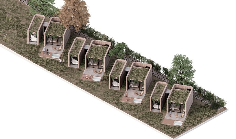 Axonometric view of terraced housing units with planted roofs cascading down a slope among trees