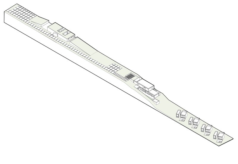 Axonometric line drawing showing a linear site with residential units at one end and open structure above