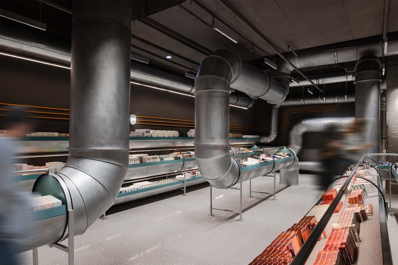 The image showcases a modern retail space with a strong industrial aesthetic. Exposed metal pipes serve as both structural and decorative elements, integrating