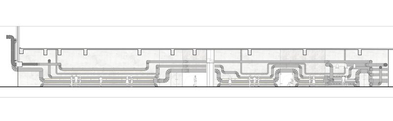 Section drawing showing exposed mechanical ductwork routing throughout the interior spaces