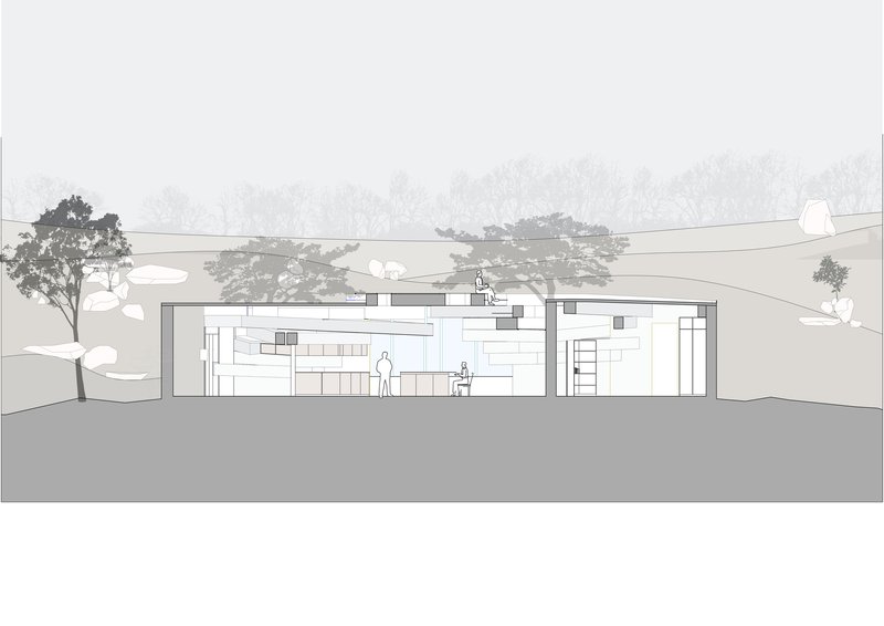 Section drawing showing interior spaces with bookshelves and figures set into hillside topography