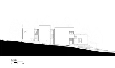 The image presents an architectural elevation of a modern hillside house. The design features a seri