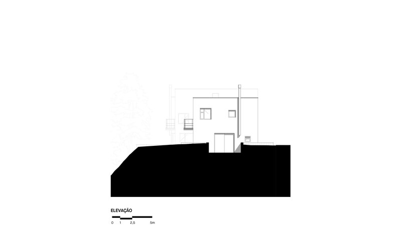 Elevation drawing of a two-story white volume with square windows atop a dark plinth