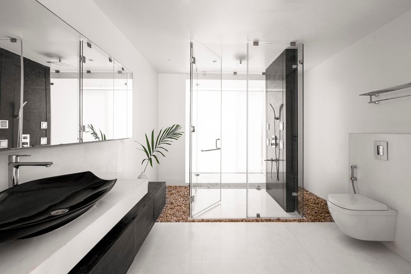 Bathroom interior with black vessel sink, glass-enclosed shower on river stones, and palm frond in background