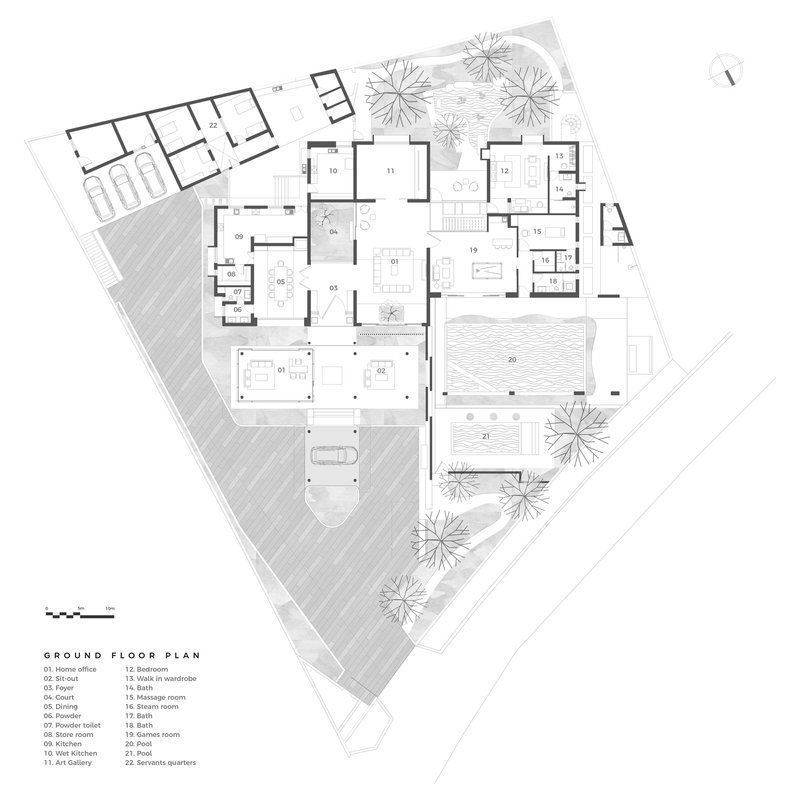 Ground floor plan drawing displaying living spaces, service quarters, pool and garage on an angular site with trees