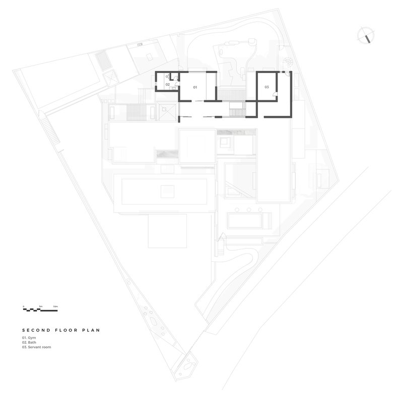 Second floor plan drawing indicating a banquet room and bath in a compact wing above lower levels