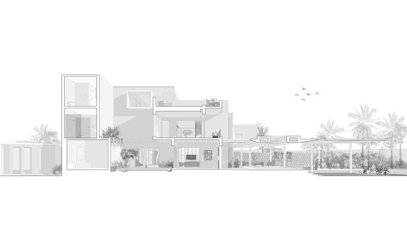 Elevation drawing showing multi-level volumes with terraces and palm trees flanking both sides
