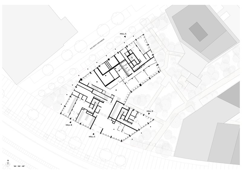 Ground floor plan drawing depicting multiple halls arranged around a central circulation space