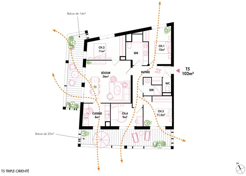 Floor plan drawing showing a triple-oriented apartment with four bedrooms, living areas, and two balconies with planted edges