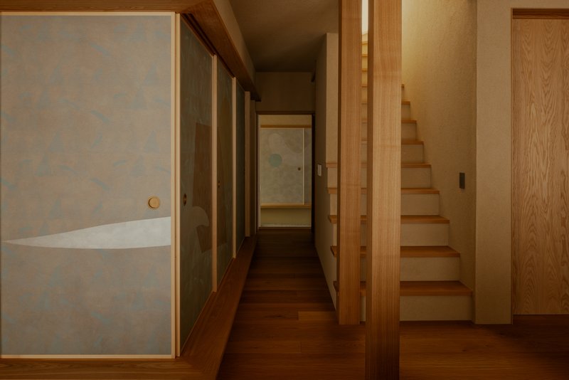 Hallway view showing translucent sliding panels, timber staircase, and wooden flooring