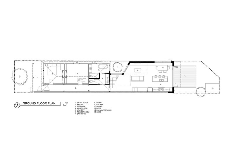 Ground floor plan drawing showing a narrow linear layout with central staircase connecting living spaces