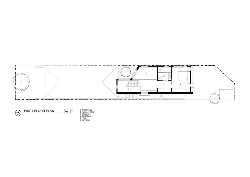 First floor plan drawing depicting upper level rooms with void space above the main living area