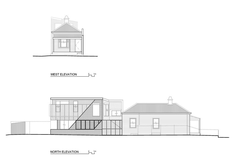 West and north elevation drawings showing the gabled pavilion and horizontal timber-clad residence