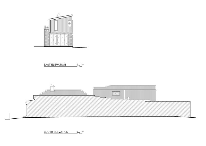 East and south elevation drawings illustrating the narrow street facade and terraced site relationship