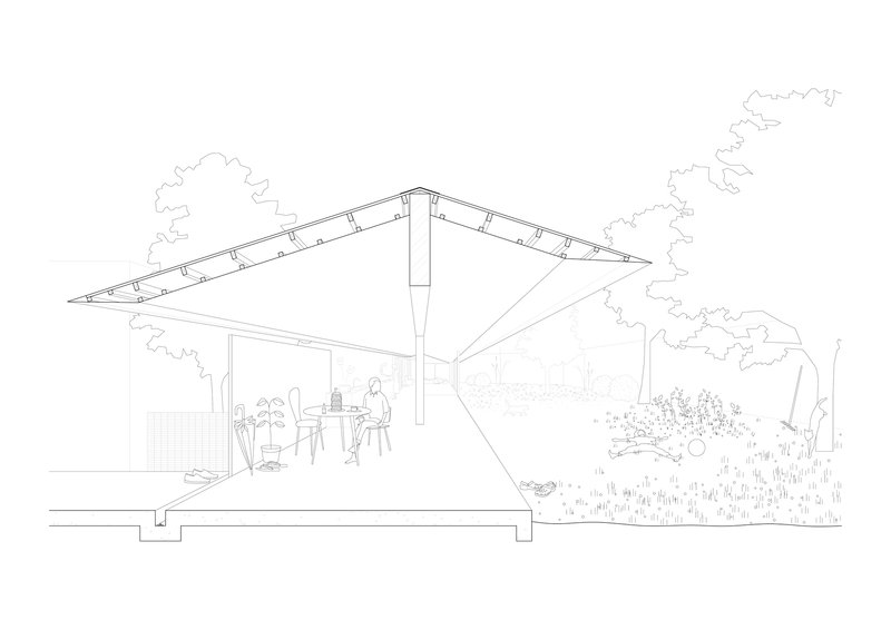 Section drawing showing the pitched roof structure sheltering dining area with garden beyond