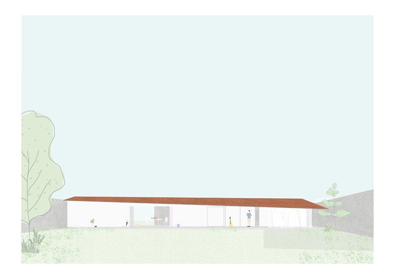 Elevation drawing showing a single-story pavilion with terracotta roof and glazed walls set among trees