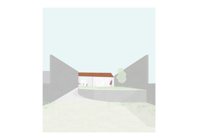 Perspective rendering of an approach through angled walls leading to the pavilion with courtyard planting