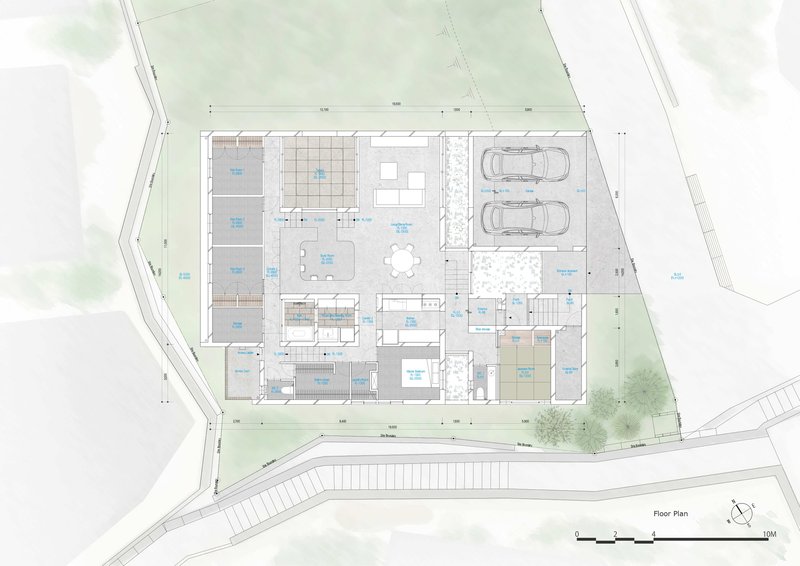 Floor plan drawing showing rooms arranged around a central courtyard with attached garage and surrounding landscape