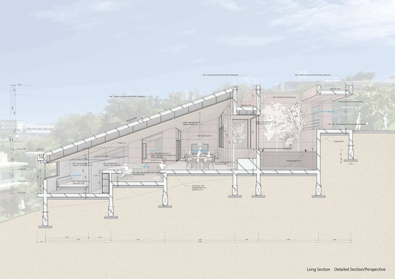 Long section drawing illustrating the sloped roof structure and interior spatial organization with annotated construction details