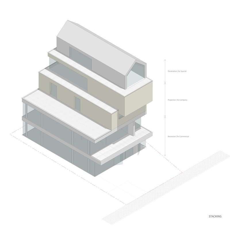 Axonometric drawing showing stacked floor plates with glazed openings and labeled program zones