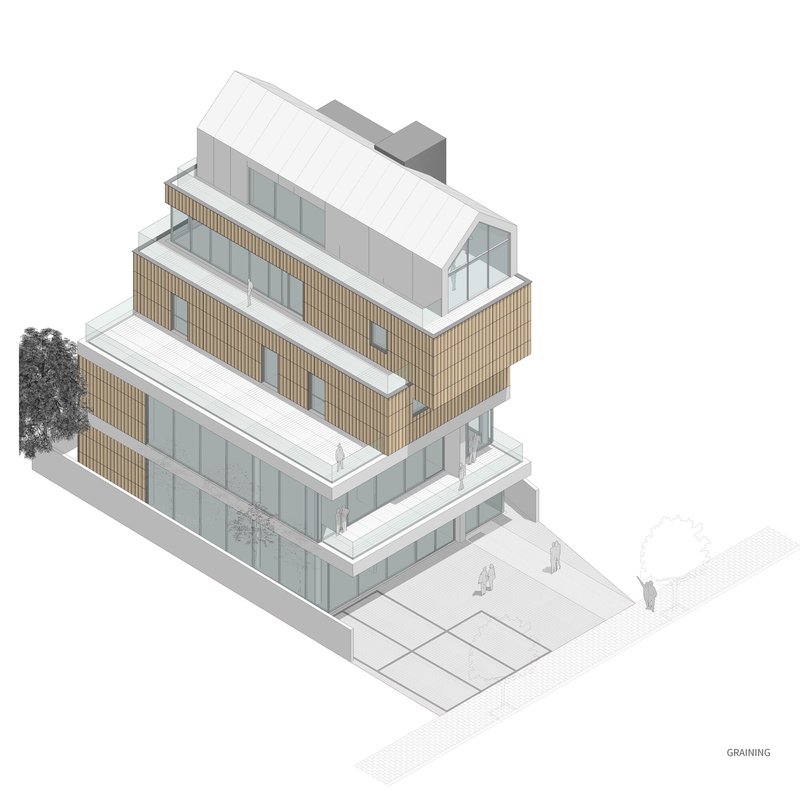 Axonometric drawing with vertical timber cladding on offset volumes above a paved entry plaza with trees