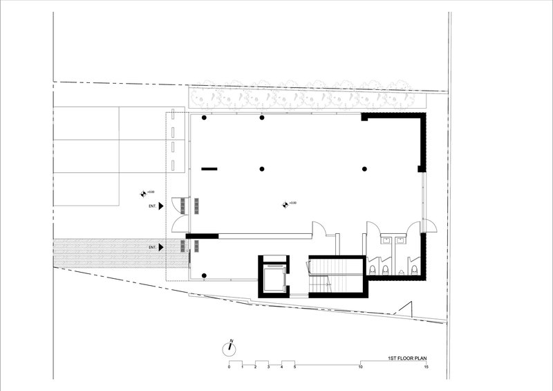 First floor plan showing an open living area with angled site boundary and service core