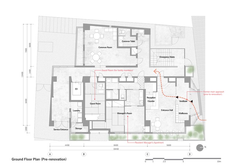 Ground floor plan drawing showing common room, guest room, laundry, and manager's apartment before renovation