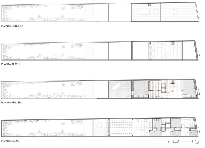 Four-level floor plan drawings showing a narrow linear building with courtyard and stair placement