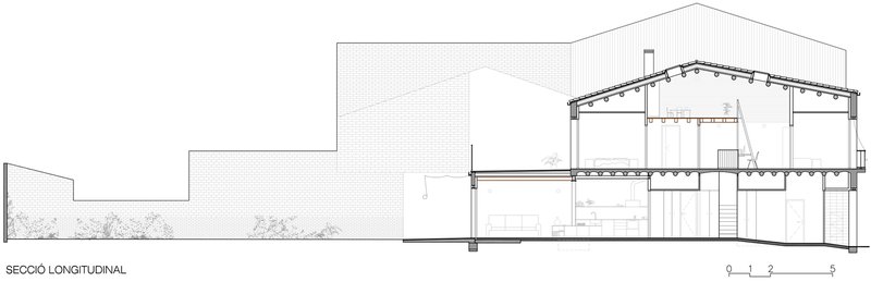 Longitudinal section drawing revealing double-height gabled hall with exposed timber trusses