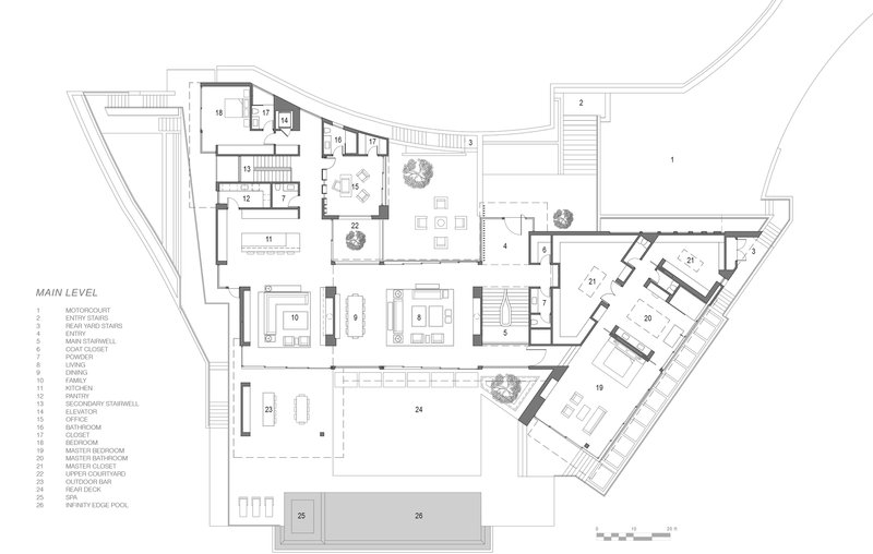 Main level floor plan drawing showing open living areas, bedrooms, and an angled wing extending to the right