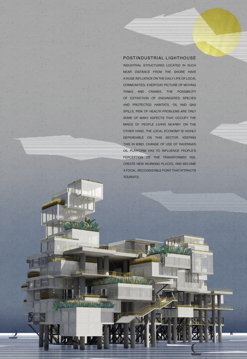 Postindustrial Lighthouse reimagines an offshore oil rig as a vibrant cultural and tourism destination above the sea.
