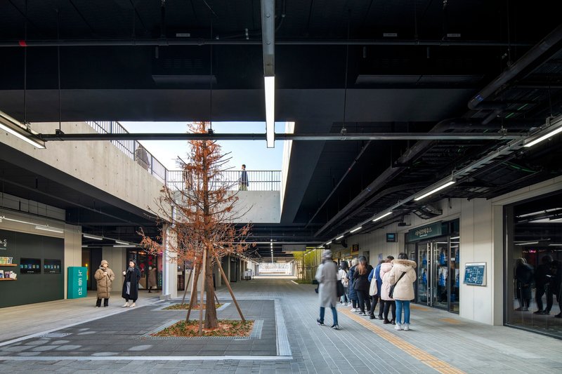 Transit platform with exposed black ceiling, planted tree beds and waiting passengers