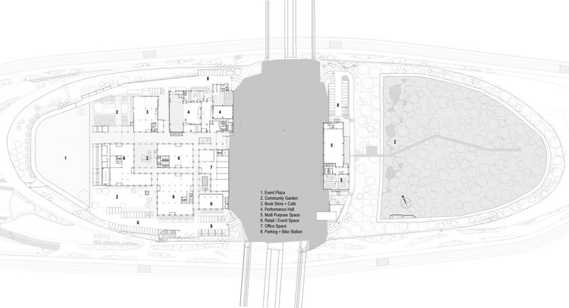 Floor plan drawing depicting interior layout with labeled program zones and circulation paths