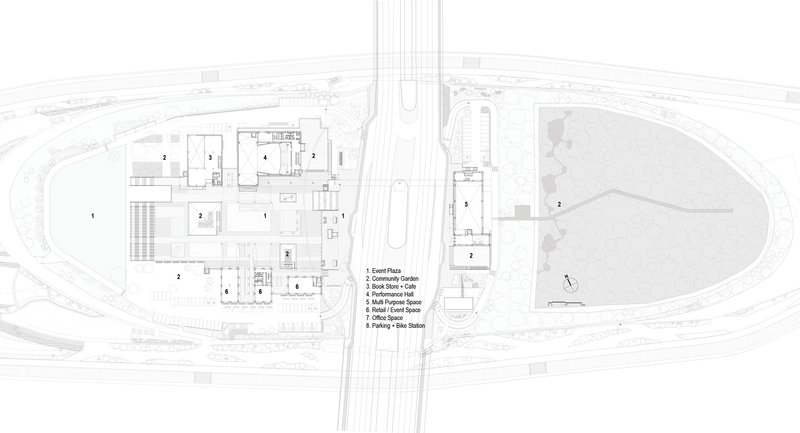 Site plan drawing showing building footprints arranged around roadway infrastructure and landscape areas