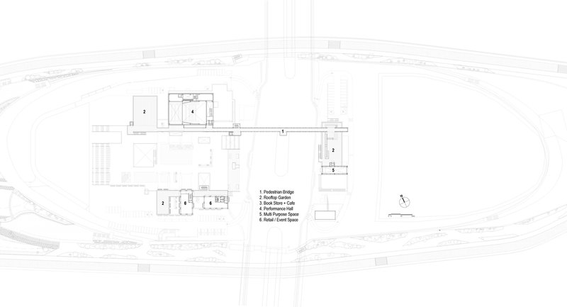 Site plan drawing showing pedestrian bridge connecting buildings across major thoroughfare with surrounding roads