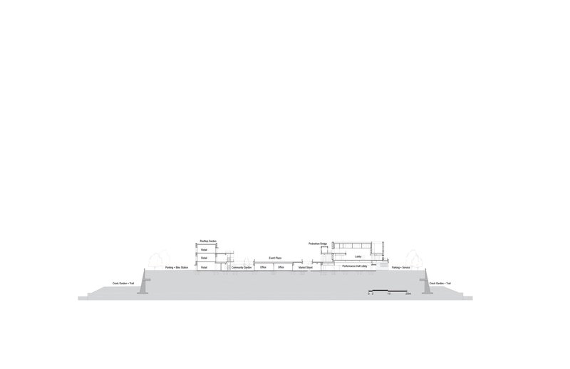 Section drawing depicting the building profile with varied roof heights and flanking landscape elements