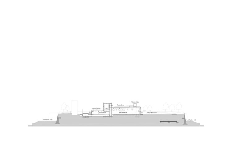 Section drawing illustrating the central building mass with stepped rooflines and sloping site context