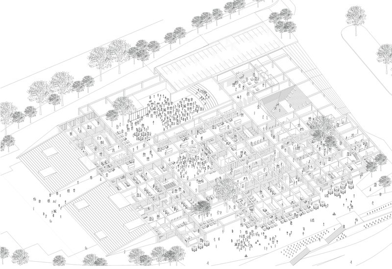Axonometric drawing of the complex showing interior courtyards, roof planes, and figures populating the spaces