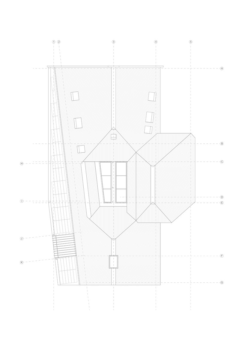 Roof plan drawing showing a diamond-shaped volume with pyramidal roof forms and adjacent terrace