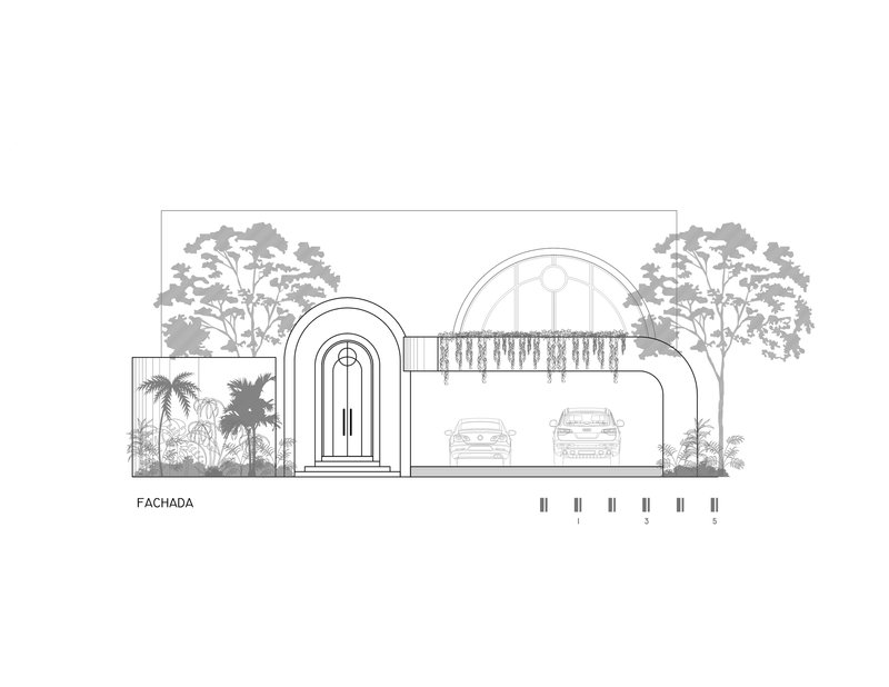 Elevation drawing of arched entry portal and carport with parked vehicles surrounded by palm and shade trees