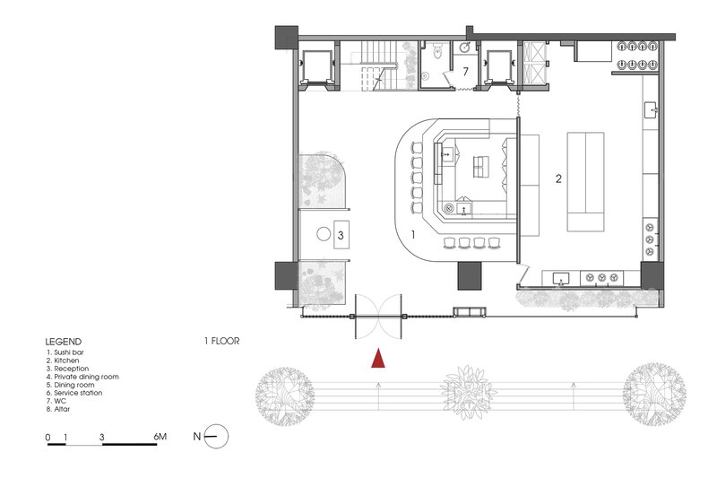 First floor plan drawing showing central sushi bar surrounded by seating and two exterior planting areas