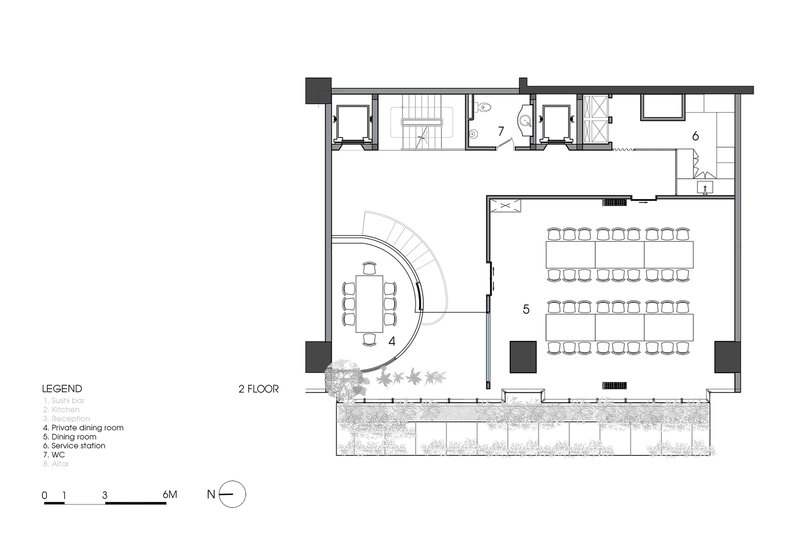 Second floor plan drawing showing dining room with rows of seating and adjacent exterior terrace plantings