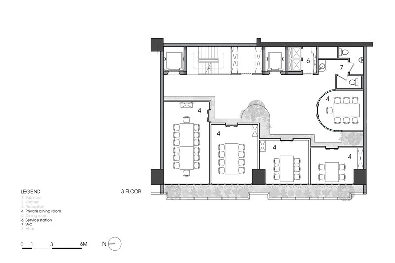 Floor plan drawing showing multiple private dining rooms and a central service corridor